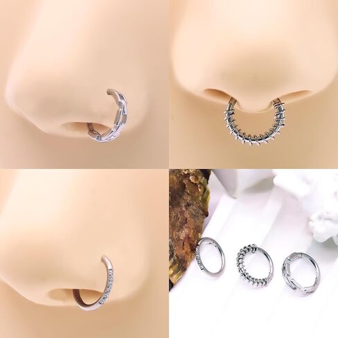 3 Pcs Nose Rings Hoops for Women 316L Surgical Steel Opal Septum Rings 16G Hinged Nose Piercings Jewelry Cartilage Earring Helix Rook Tragus Daith 8mm in Saudi Arabia