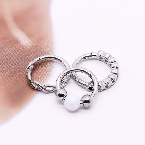 3 Pcs Nose Rings Hoops for Women 316L Surgical Steel Opal Septum Rings 16G Hinged Nose Piercings Jewelry Cartilage Earring Helix Rook Tragus Daith 8mm in Saudi Arabia
