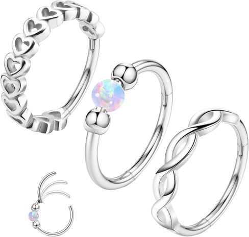 3 Pcs Nose Rings Hoops for Women 316L Surgical Steel Opal Septum Rings 16G Hinged Nose Piercings Jewelry Cartilage Earring Helix Rook Tragus Daith 8mm in Saudi Arabia