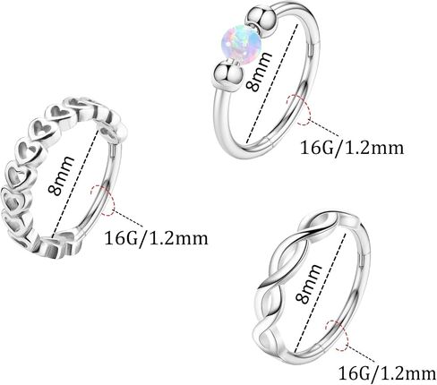 3 Pcs Nose Rings Hoops for Women 316L Surgical Steel Opal Septum Rings 16G Hinged Nose Piercings Jewelry Cartilage Earring Helix Rook Tragus Daith 8mm in Saudi Arabia