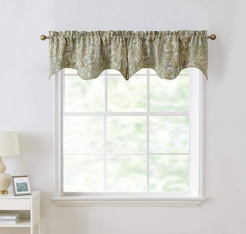 HLC.ME Paris Paisley Thermal Insulated Blackout Decorative Rod Pocket Short Scalloped Curtain Valance for Kitchen, Bathroom, Basement and Small Windows (50 W x 20 L Inch, Sage Green) in Saudi Arabia