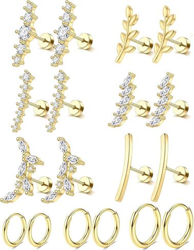 SONNYX Dainty Hypoallergenic Flat Back Earrings for Women Trendy Small 14K Gold Surgical Stainless Steel Earrings Flatback Stud Hoop Cartilage Earring Set for Multiple Piercing in Saudi Arabia