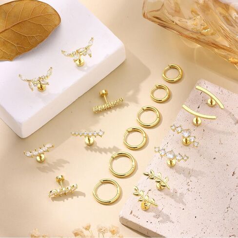 SONNYX Dainty Hypoallergenic Flat Back Earrings for Women Trendy Small 14K Gold Surgical Stainless Steel Earrings Flatback Stud Hoop Cartilage Earring Set for Multiple Piercing in Saudi Arabia