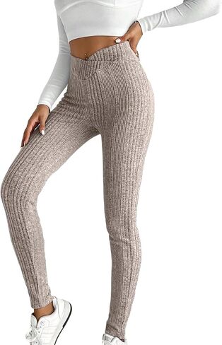 WDIRARA Women's Elastic Waist Leggings Ribbed Knit Casual Long Pants in Saudi Arabia