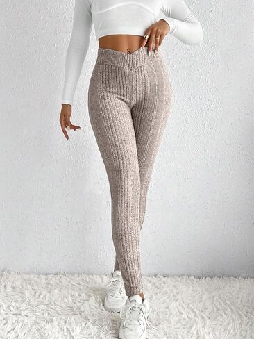 WDIRARA Women's Elastic Waist Leggings Ribbed Knit Casual Long Pants in Saudi Arabia