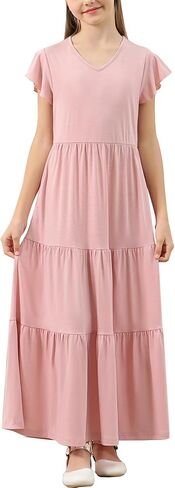 GORLYA Girls Flutter Sleeve V Neck Modest Casual Holiday Ruffle Tiered Hem Long Maxi Dress 6-16Y in Kuwait