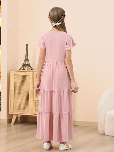 GORLYA Girls Flutter Sleeve V Neck Modest Casual Holiday Ruffle Tiered Hem Long Maxi Dress 6-16Y in Kuwait