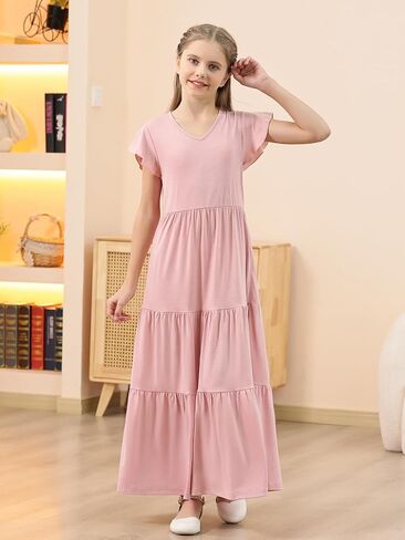GORLYA Girls Flutter Sleeve V Neck Modest Casual Holiday Ruffle Tiered Hem Long Maxi Dress 6-16Y in Kuwait