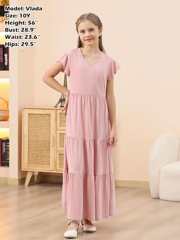 GORLYA Girls Flutter Sleeve V Neck Modest Casual Holiday Ruffle Tiered Hem Long Maxi Dress 6-16Y in Kuwait