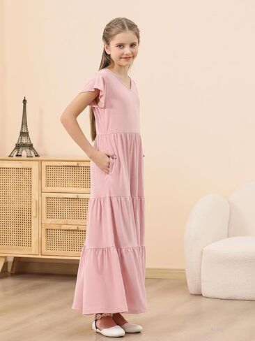 GORLYA Girls Flutter Sleeve V Neck Modest Casual Holiday Ruffle Tiered Hem Long Maxi Dress 6-16Y in Kuwait