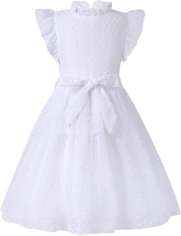 Girls Summer Dress Swiss Dots Ruffle Flutter Sleeve A-Line Sundress Flowy Pleated Dress for 5-13Y in Saudi Arabia