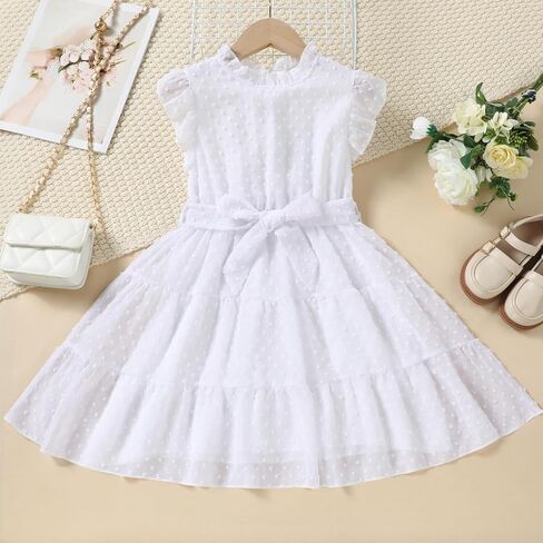 Girls Summer Dress Swiss Dots Ruffle Flutter Sleeve A-Line Sundress Flowy Pleated Dress for 5-13Y in Saudi Arabia