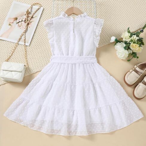 Girls Summer Dress Swiss Dots Ruffle Flutter Sleeve A-Line Sundress Flowy Pleated Dress for 5-13Y in Saudi Arabia