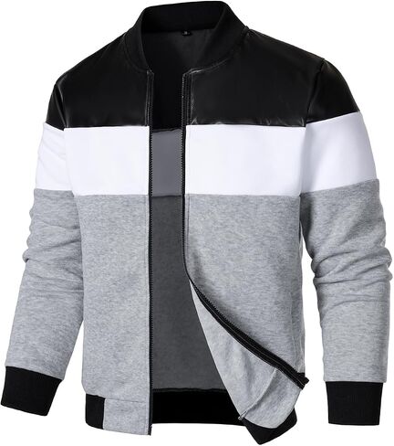 FANARCHER Mens Lightweight Bomber Jacket Casual Zipper Coat Color Block with Faux Leather Varsity Jacket in Saudi Arabia