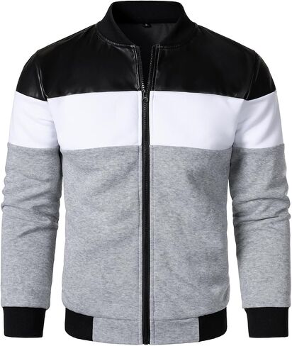 FANARCHER Mens Lightweight Bomber Jacket Casual Zipper Coat Color Block with Faux Leather Varsity Jacket in Saudi Arabia