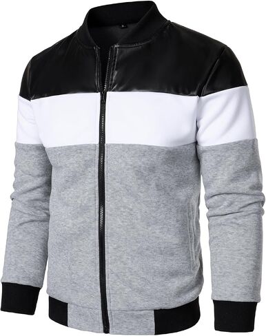 FANARCHER Mens Lightweight Bomber Jacket Casual Zipper Coat Color Block with Faux Leather Varsity Jacket in Saudi Arabia