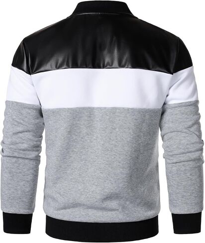 FANARCHER Mens Lightweight Bomber Jacket Casual Zipper Coat Color Block with Faux Leather Varsity Jacket in Saudi Arabia