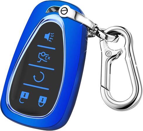 لغطاء مفتاح Chevy مع سلسلة المفاتيح ، واقي قذيفة Car Key Case لـ Chevrolet Equinox Malibu Camaro Traverse Blazer Cruze Volt Bolt Sonic Trax Tahoe 5 Buttons Smart Key Colder (Blue) in Kuwait