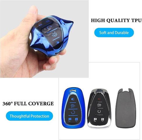 لغطاء مفتاح Chevy مع سلسلة المفاتيح ، واقي قذيفة Car Key Case لـ Chevrolet Equinox Malibu Camaro Traverse Blazer Cruze Volt Bolt Sonic Trax Tahoe 5 Buttons Smart Key Colder (Blue) in Kuwait