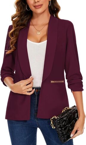 Womens Casual Blazer Ruched 3/4 Sleeve Open Front Cardigan Work Office Blazers Suit Jacket with Zipper Pocket in Kuwait