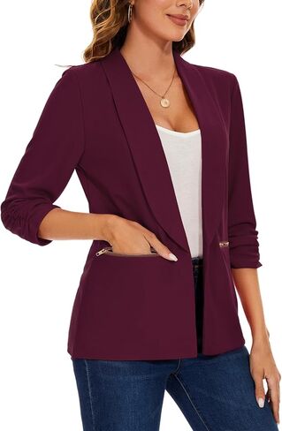 Womens Casual Blazer Ruched 3/4 Sleeve Open Front Cardigan Work Office Blazers Suit Jacket with Zipper Pocket in Kuwait