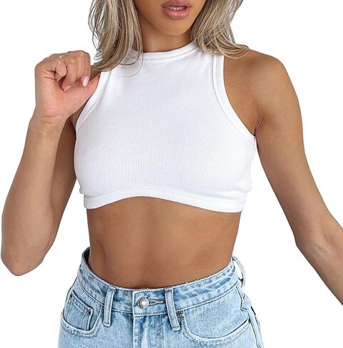 Dwnval Sexy Sleeveless Crewneck Tank Top Ribbed Knitted Crop Tops for Women in Kuwait