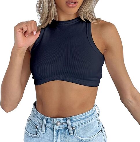 Dwnval Sexy Sleeveless Crewneck Tank Top Ribbed Knitted Crop Tops for Women in Kuwait