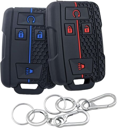 2Pcs 4 Buttons Silicone Smart Key Fob Cover for 2014-2019 GMC Canyon Sierra Yukon Chevrolet Chevy Colorado Silverado Suburban Tahoe (Black with Red/White) in Saudi Arabia