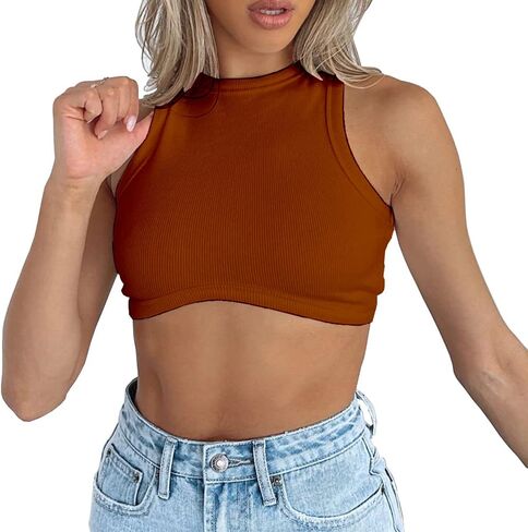 Dwnval Sexy Sleeveless Crewneck Tank Top Ribbed Knitted Crop Tops for Women in Kuwait