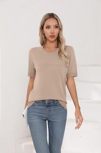 Womens Short Sleeve Sweaters Summer Tops Crew Neck Hollow Out Pullover Shirt Lightweight Knit Sweaters in Kuwait