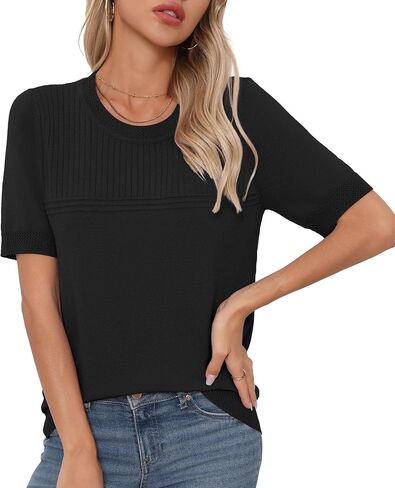 Womens Short Sleeve Sweaters Summer Tops Crew Neck Hollow Out Pullover Shirt Lightweight Knit Sweaters in Kuwait