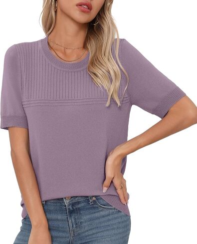 Womens Short Sleeve Sweaters Summer Tops Crew Neck Hollow Out Pullover Shirt Lightweight Knit Sweaters in Kuwait
