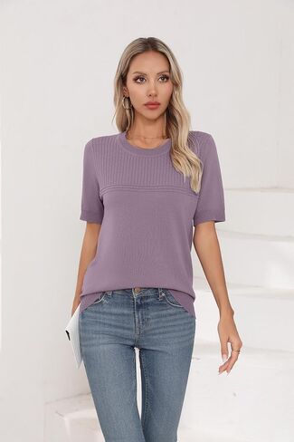 Womens Short Sleeve Sweaters Summer Tops Crew Neck Hollow Out Pullover Shirt Lightweight Knit Sweaters in Kuwait