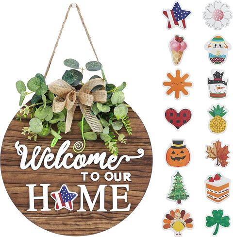 Interchangeable Seasonal Welcome Sign Front Door Decoration, Rustic Round Wood Wreaths Wall Hanging Outdoor, Farmhouse, Porch, for Spring Summer Fall All Seasons Holiday Halloween Christmas. in Saudi Arabia