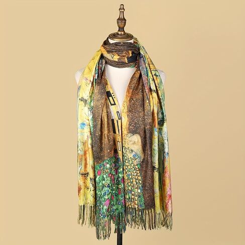 Reversible Pashmina Scarf - Double-side Cashmere Feel Shawl Wrap Monet Van Gogh Art Printing Scarves in Kuwait