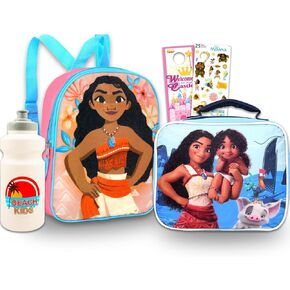 حقيبة ظهر Moana Mini مع مجموعة صندوق الغداء - حزمة مع حقيبة مدرسية صغيرة من ديزني ، حقيبة غداء ، ملصقات ، زجاجة ماء ، المزيد | حقيبة ظهر صغيرة من Moana للفتيات 4-6