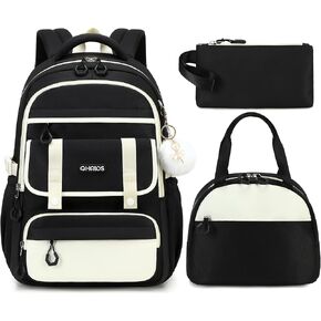 School Backpack for Girls, 3PCS Laptop Backpack 15.6 Inch with Lunch Box Pencil Pouch Set for Kids Teens Elementary Middle High School College Bookbag Student Casual Travel Daypack,Black Beige