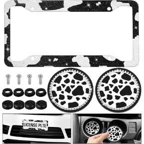 3 Pcs Sparkly Car Accessories with Rhinestone License Plate Frame and 2 Pcs Bling Anti Slip Cup Holder for Women Girly Glitter Tag Frames Rust Proof Auto Decoration(Cow,Black White)