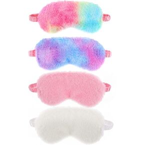 4 Pcs Plush Sleeping Eye Cover Soft Eye Mask, Rainbow Furry Eye Blindfold Comfortable Faux Fur Eye Shade with Elastic Strap, Travel Nap Sleeping Sleepover Party Supplies for Women Men Kids