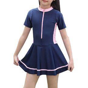 IDOPIP Girls Short Sleeve Swimsuit Summer One Piece Swim Dress with Boyshorts Beach Rash Guard Bathing Suit Swimming Suit