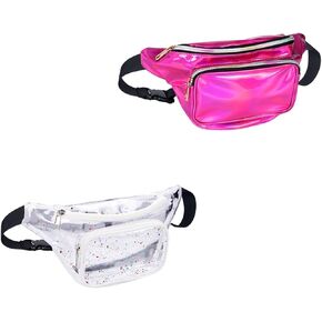 2 Pieces Holographic Fanny Pack for Women, Waterproof Rave Festival 80S 90S Waist Bag, Adjustable Belt Bag, Crossbody Bag(Hot Pink and Clear)