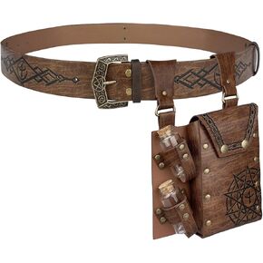2PCs Magic Alchemy Belt Bag Set, Fantasy Embossed Belt with Belt Pouch and 2 Cork Potion Bottles Wizard for Ren Faire (Brown A)