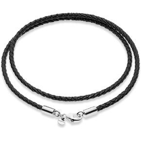 Miabella Genuine 3mm Black Braided Italian Leather Cord Chain Necklace for Men Women with 925 Sterling Silver Clasp, Made in Italy