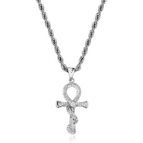 JINAO Ankh Cross Necklace for Men 14K Gold Plated - Snake Coiled Egyptian Symbol Cross Pendant with 5A Cubic Zirconia, 24" Rope Chain Men’s Jewelry