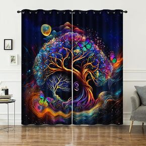 AILONEN Tree of Life Window Curtains,Colorful Boho Tree of Life Curtain for Bedroom Living Room,Butterfly Tree Starry Moon Print Window Drapes,2 Panels Set, 52" W x 63" H