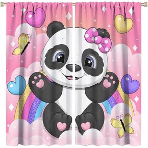 Pink Cartoon Curtains, Happy Panda Heart Rainbow Pink Girls Bedroom Window Decoration, Suitable for Kindergarten Baby Room Room Darkening Blackout Curtains W42 x L45 Inch
