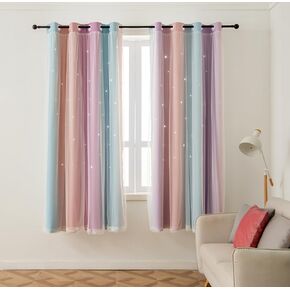 Pink Purple Star Blackout Curtains 63 Inch Length 2 Panels for Bedroom, Thick Grommets Light Filtering Girl Princess Curtain, Top Star Cutout Kids Curtain for Living Room (40W x 63L inch