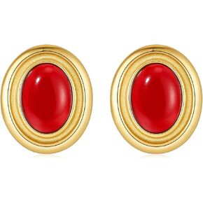 Vintage Chunky Earrings for Women Red and Gold Statement Earrings 18K Gold Oval Stud Non Tarnish Stainless Steel