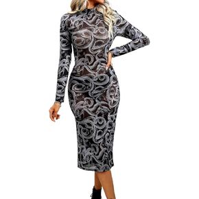 GothDark Women's Sexy Long Sleeve Bodycon Dress Sheer Mesh Round Neck Pattern Print Party Club Dresses