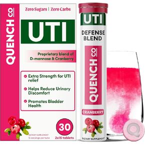Quench UTI Relief Effervescent Tablets - Fast-Acting Urinary Tract Support, Flushes Impurities, Soothes Discomfort - Natural Cranberry Flavor, Sugar-Free, Vegan - 30 Tablets